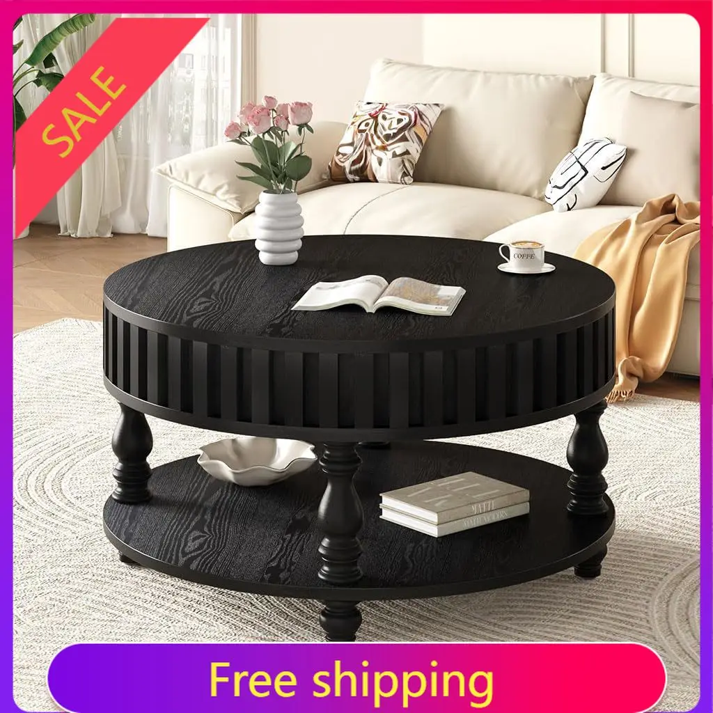 

Round Solid Wood Coffee Table with Hidden Storage, 31.5 Inch Circle Center Table with Fluted Base and Lower Shelf, Roman Column