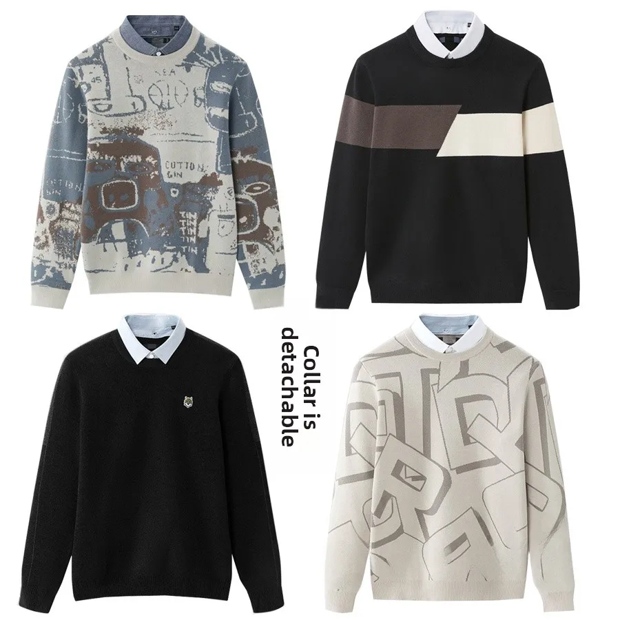 

Casual Knitted Sweater Men's Autumn Winter Turtlene Removable Collar Youth Vitali Sle Long Sve Straight Cut Fit Crew...