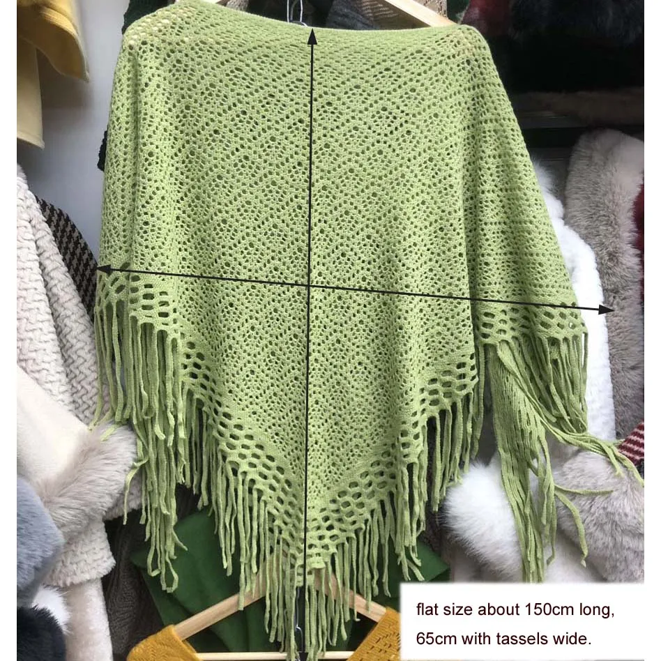 Fashion Boat Neck Hollow Out Knit Cotton Pullover Cape Wraps Women Autumn Summer Triangle Poncho Tassels Shawl Soft Comfort