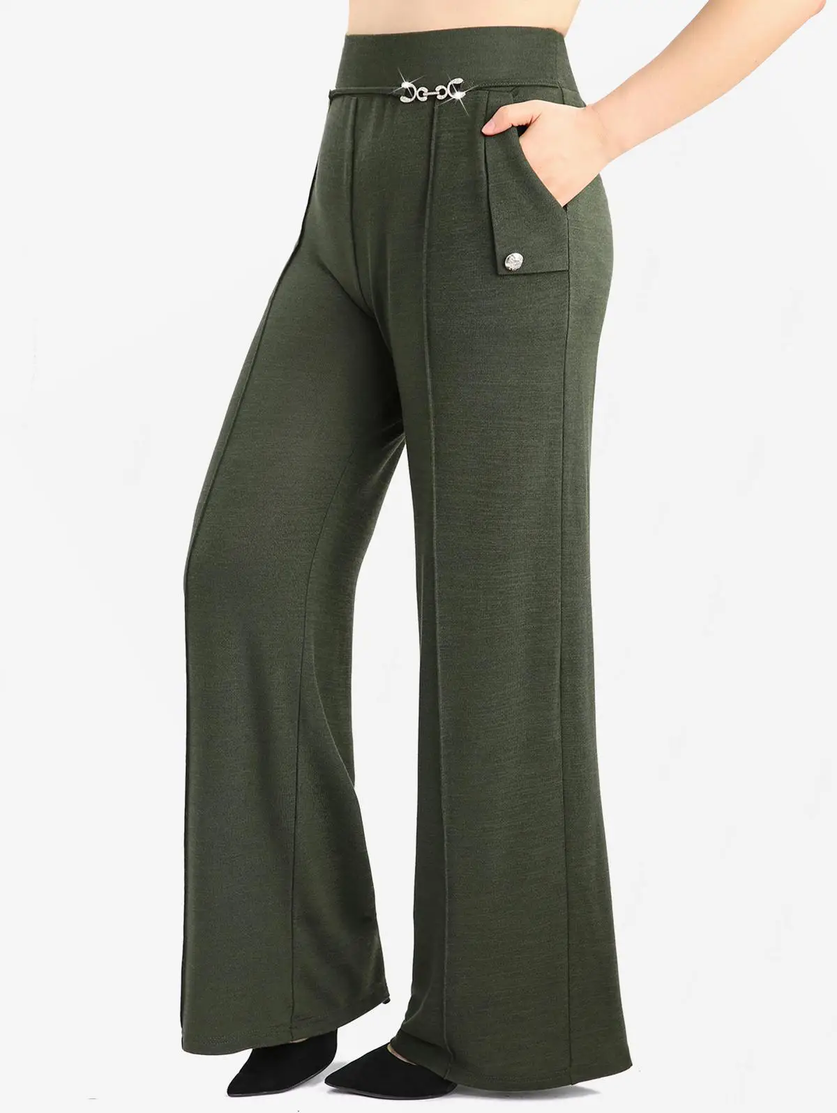 ROSEGAL plus Size HighWaist Metallic Detailing Green Track Pants  Wide Leg Trousers with Buttoned Diagonal Pockets Solid Color