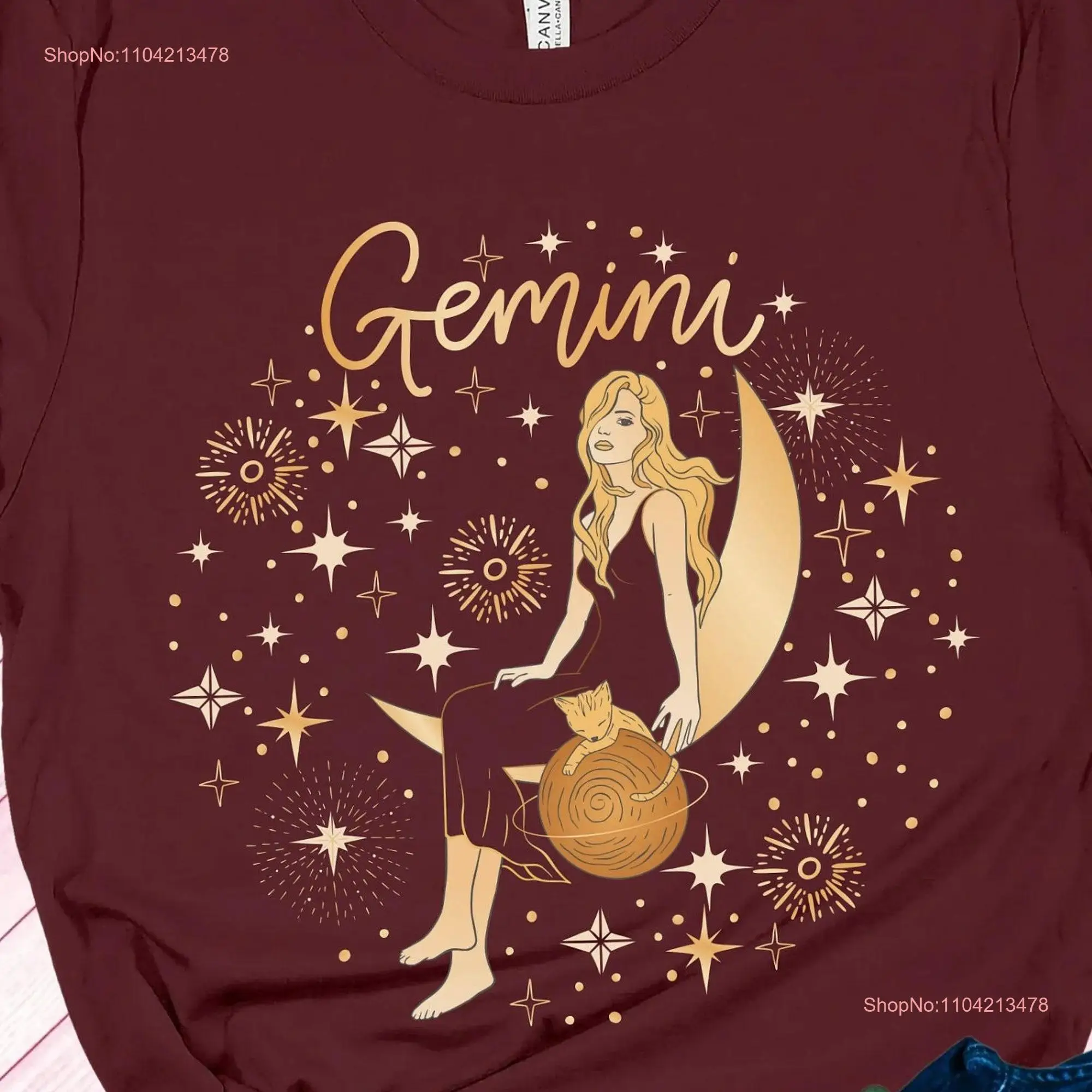 Gemini Girl Celestial T Shirt Cat Moon Stars Zodiac Blonde May Birthday Ginger June Queen Redhead long or short sleeves