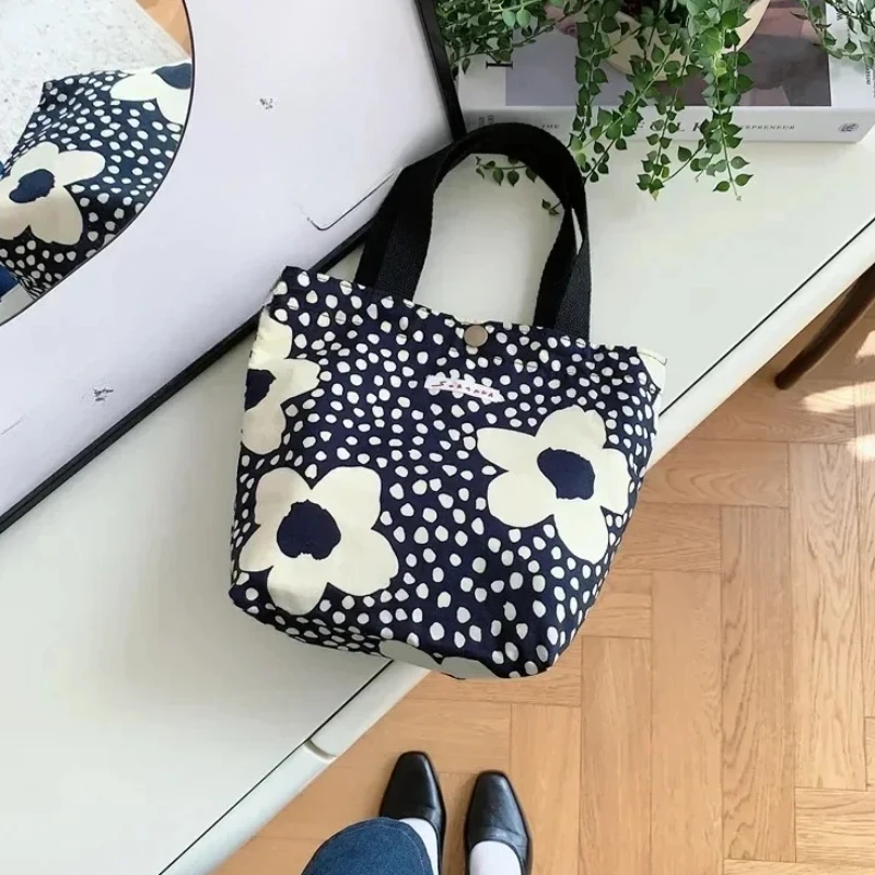 Simple Canvas Shopping Bag Women Shoulder Bags Foldable Picnic Food Pouch Small Tote Shopper Student Lunch Box Pouch Case