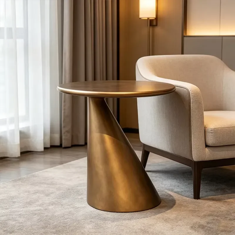 Eco Friendly Hand Crafted Antique Bronze Fiberglass Round Side Table Asymmetrical Tapered Base For Living Room Bulk Available
