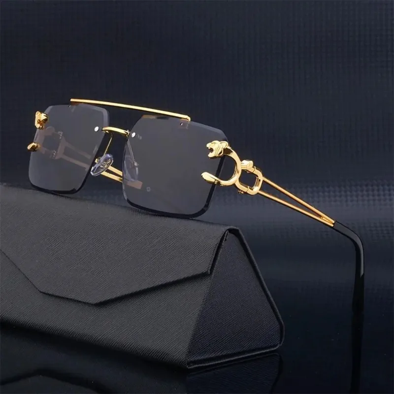 Stylish Retro Cheetah Embellished Sunglasses for Women Male Metal Steampunk Sunglasses for Summer UV400 Shadow Rimless Glasses