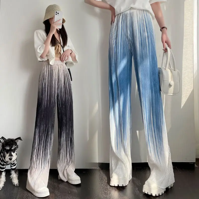 

Gradient color wide leg pants, women's pleated style, new high waisted straight leg pants, casual pants, versatile floor pants