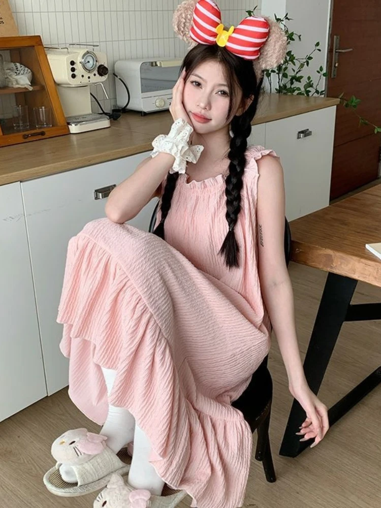 المرأة الحلو كشكش السباغيتي حزام ثوب النوم مطوي الملمس فضفاض سوينغ ماكسي فستان النوم لطيف ملابس غير رسمية الربيع الصيف