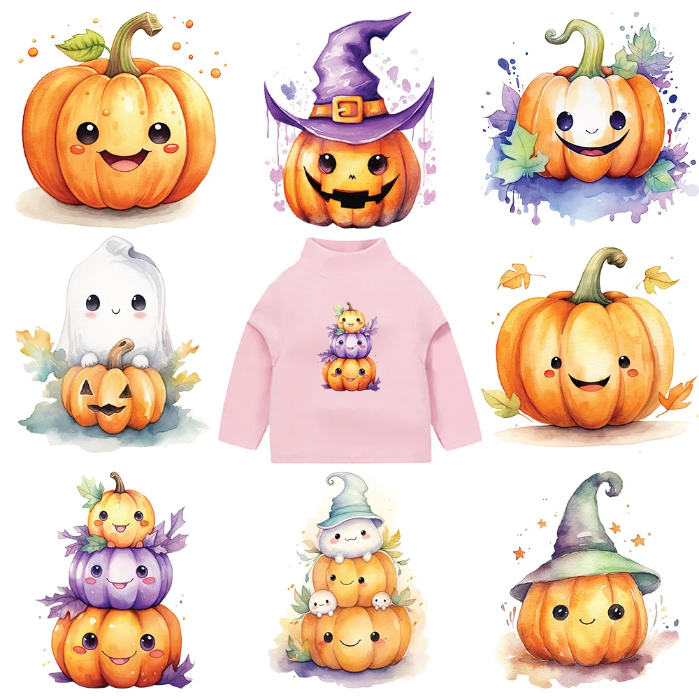 Kid\'s Cartoon Halloween Sticker, Kawaii Pumpkin Iron on Heat Transfers, Vinyl Stickers on T-shirt, DIY Patches Appliques