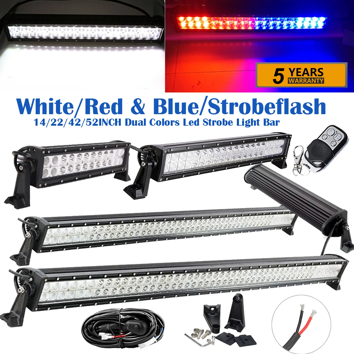 White/Red Blue/Strobeflash Led Light Bar 14 22 42 50inch 576W Off road Driving Emergency Warning Light Dual Color for Car Truck