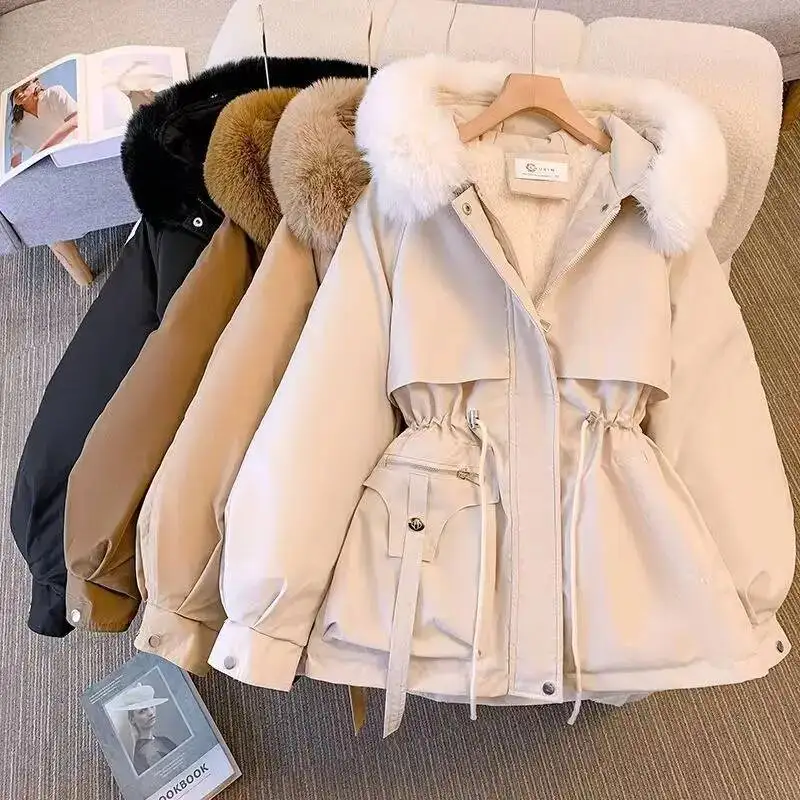 

Short Parka Coat Women 2026 - Korean Style Faux Fur Hooded Jacket, Slim Fit Waist Belted Winter Coat, Fleece Lined Warm Parka