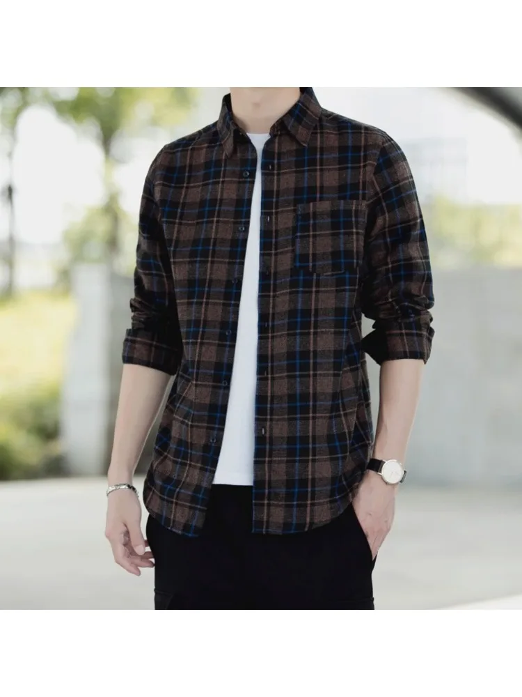 2025 Men Spring Autumn Fashion Long Sleeve Plaid Shirts Male Buttons Casual  linenLoose Blouses Mens Oversize Pocket Shirt P785