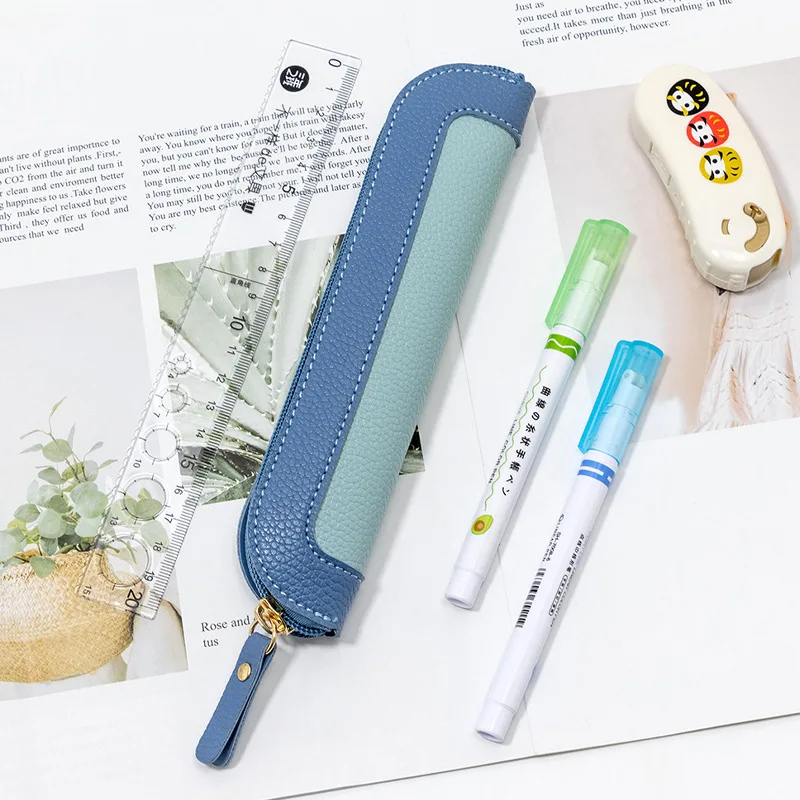 Korean Style Color Matching Small Fresh PU Leather Pencil Bag Portable Stationery Case for Students Signature Pen Storage Box