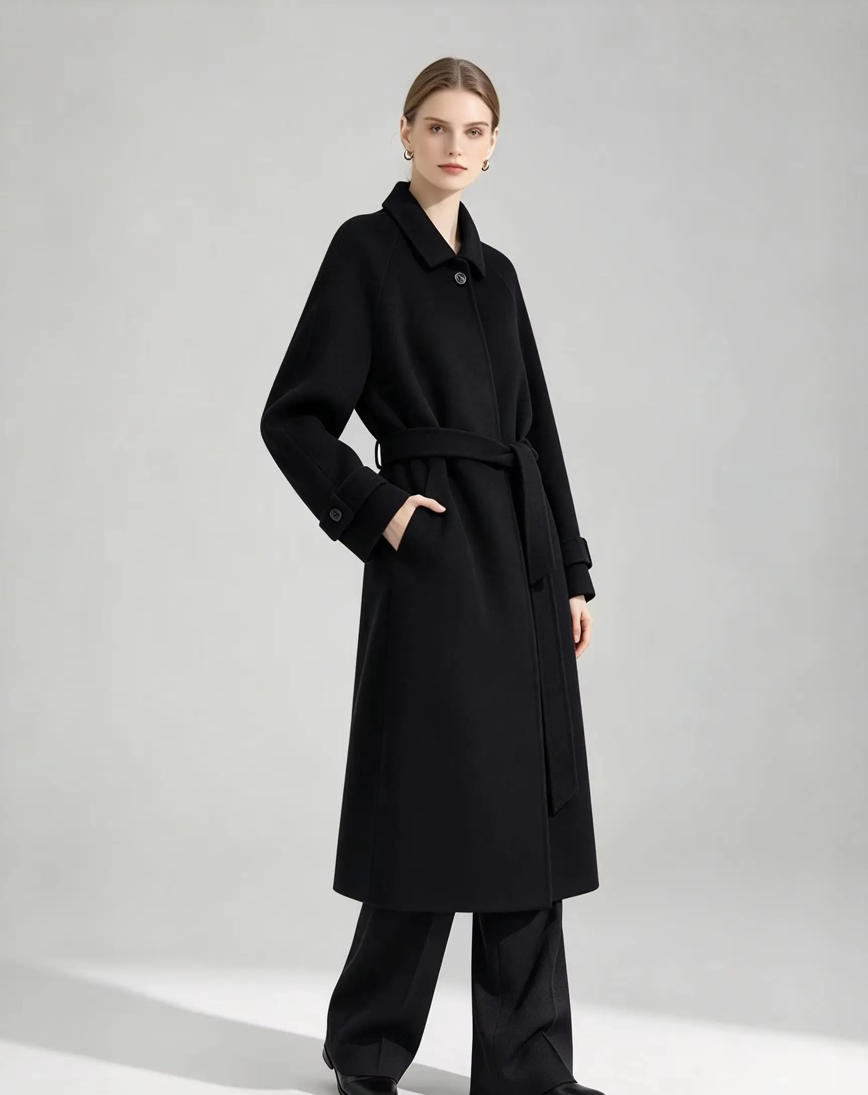 Sleek Women’s Overcoat Notched Collar Hidden Button Self Tie Belt Soft Wool Cloth Clean Long Cut Business Meeting Customized