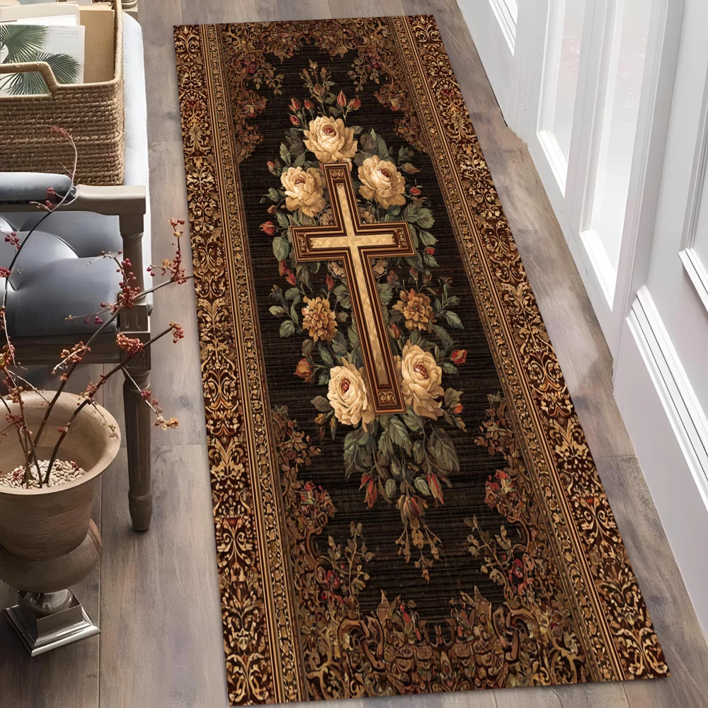 Antique Golden Cross Cream Rose Border runner rug hallway entry foyer chapel farmhouse cottage bedroom durable mat gift
