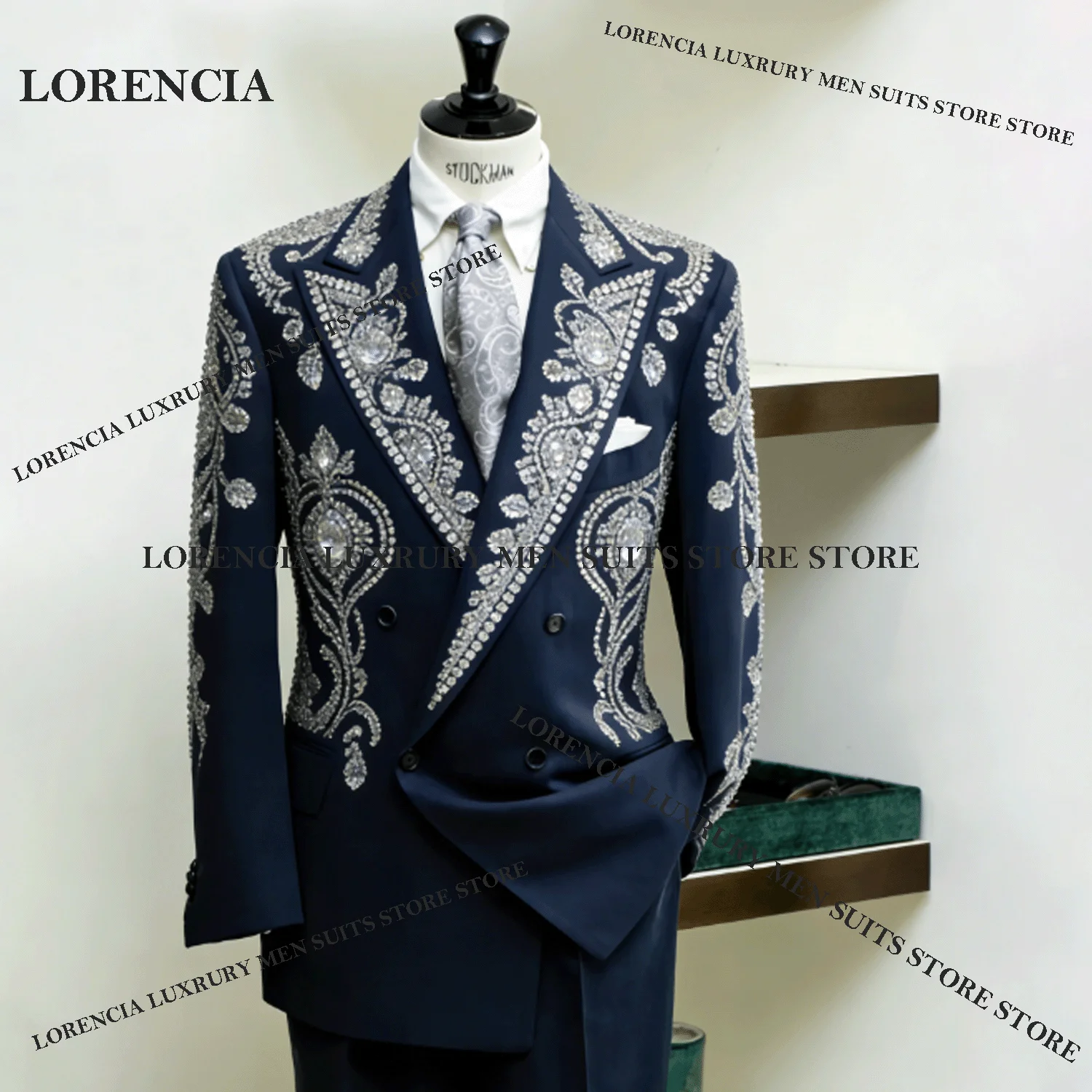 

Customized Diamond Men Suit High End Double Breasted Embroidery Wedding Tuxedos Slim Ropa hombre 2 Pieces Sets Groom Male Blazer
