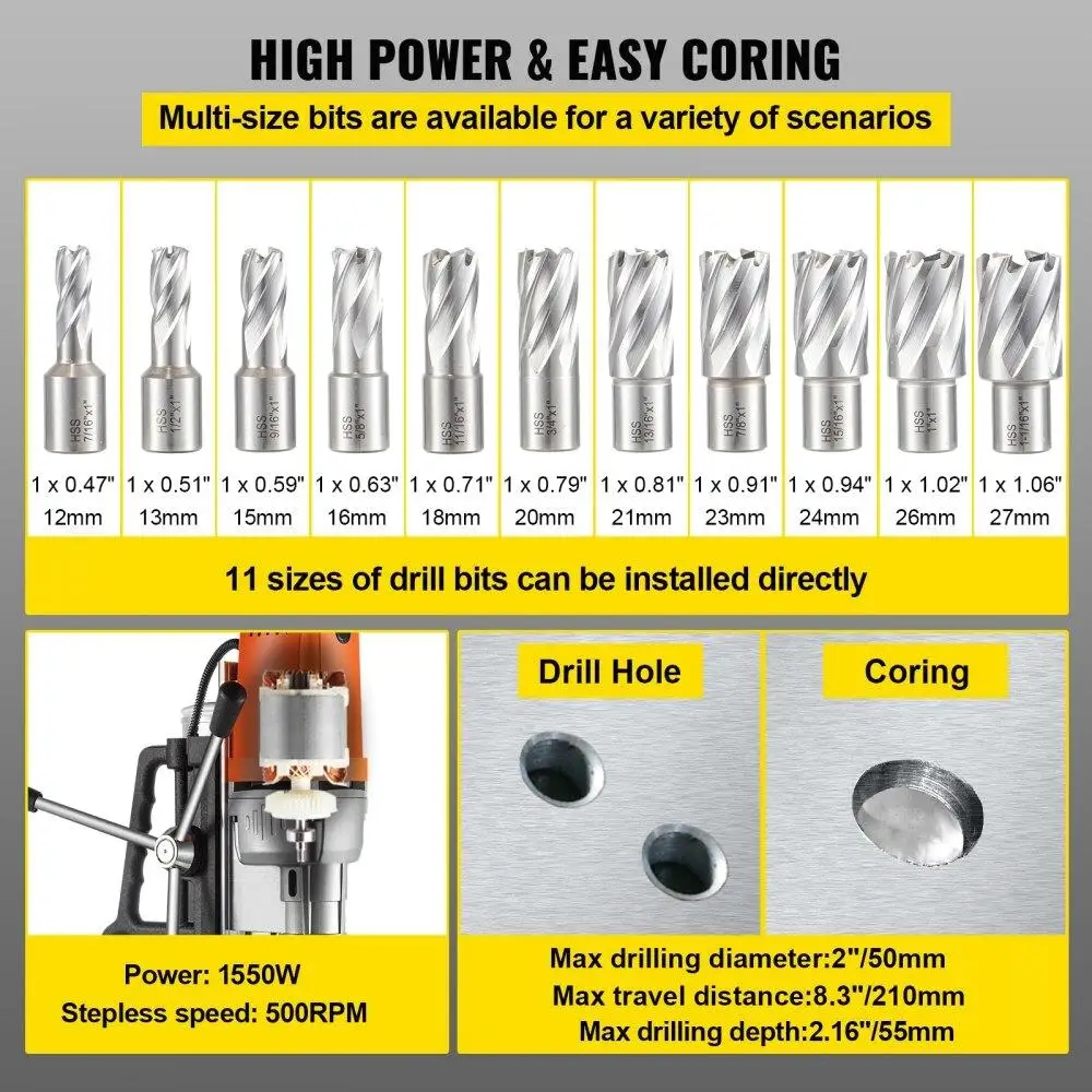 Магнитный сверлильный станок мощностью 1550 Вт — диаметр растачивания 2 дюйма с 11 кольцевыми фрезами из быстрорежущей стали, мощность 2900 фунтов