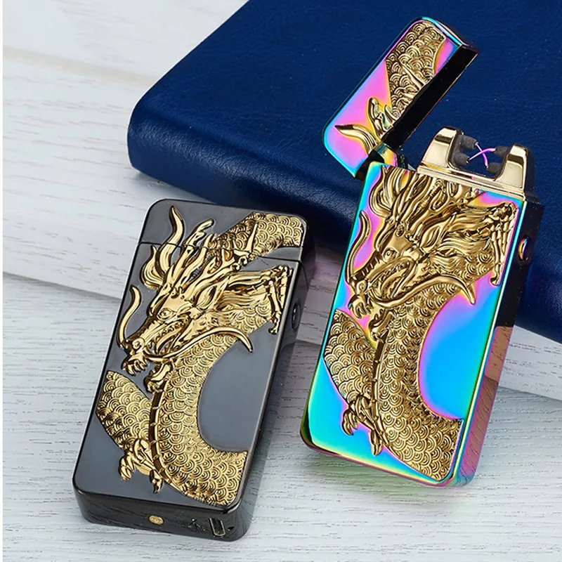 2023 New Dragon And Tiger Embossed Cross Arc USB Rechargeable Lighter Outdoor Windproof Portable Cigarette Accessorie Men\'s Gift