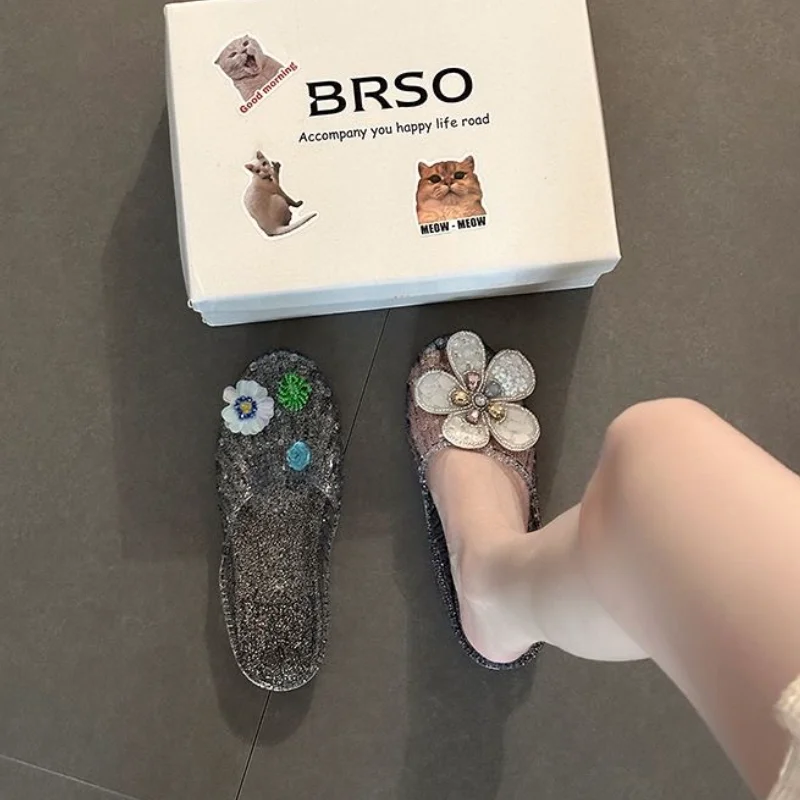 Korean Crystal Flower Jelly Shoes Women's Dopamine DIY Shoe Accessories Ballet Shoes Woman 2026 Summer Soft Soles Pvc Sandals view 3