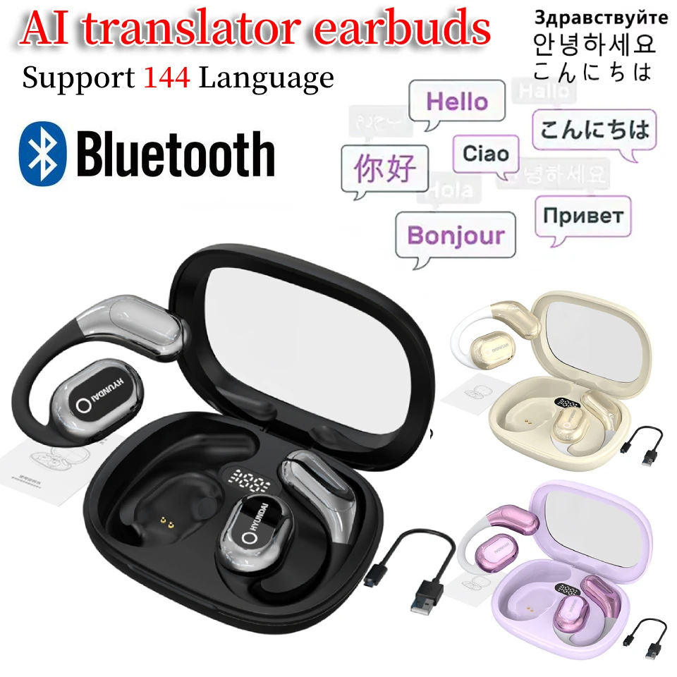 AI Translator Earbuds Bluetooth Real Time translators headphones 144 language Two-Way Voice Translator Ear Hook for Travel