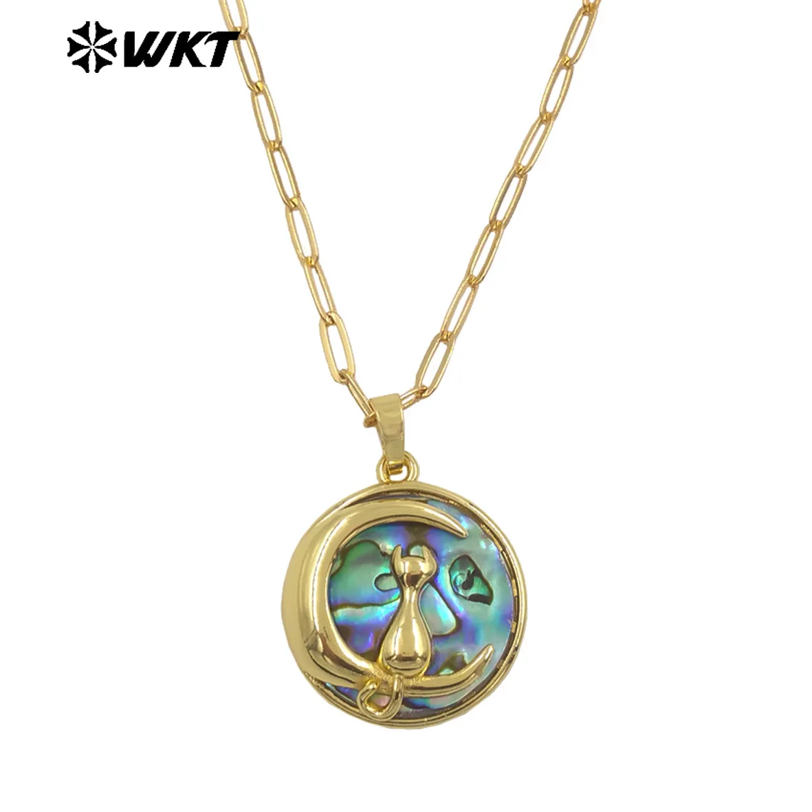

WT-JN332 Round Abalone Shell With Lovely Cat 18k Gold Plated Paved Brass Can Be Adjustable Women Chain Necklace