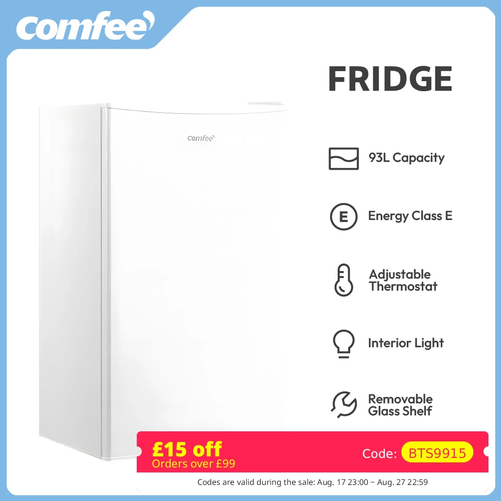COMFEE' Kühlschrank unter der Theke, 93 l kleiner Kühlschrank mit Innenbeleuchtung, abnehmbarer Glasablage, umkehrbares Türscharnier, Weiß und Schwarz
