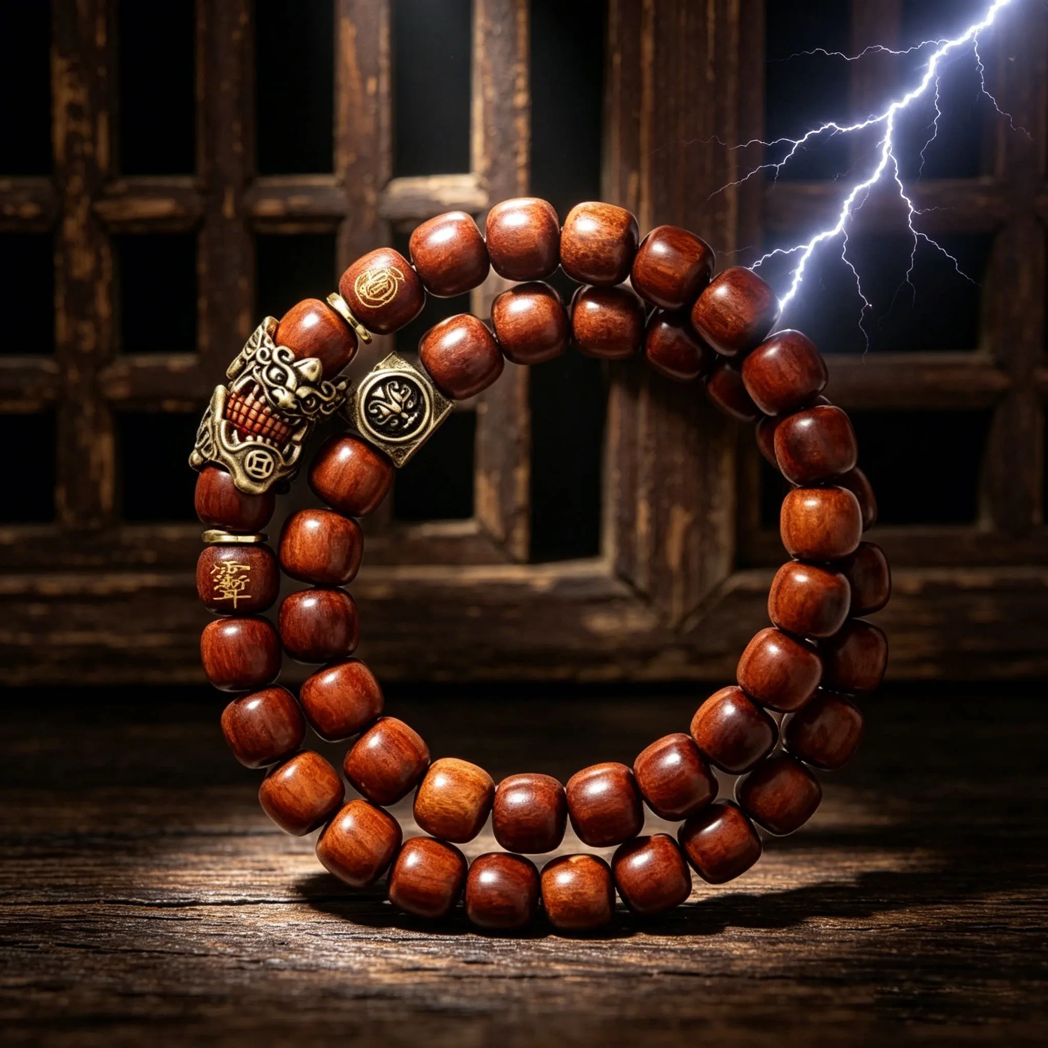 Chinese Style Lucky Thunder Struck Jujube Wood Pixiu Bracelet Brass Four Divine Beasts Double Layer 10*9 Barrel Bead Unisex Weal