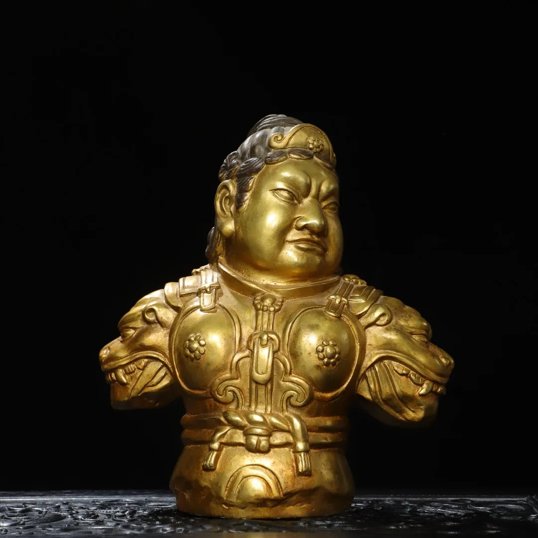 

9"Tibetan Temple Collection Old Bronze Gilded Cinnabar High Relief The King of Wealth God of Wealth Heavenly King Worship Hall