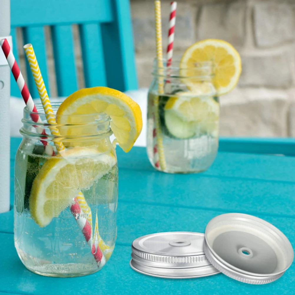 

2 Pcs Stainless Steel Straw Cover Mason Jar Caps with Hole Reusable Canning Lids Drinking Spouts Regular Mouth Decorative Jars
