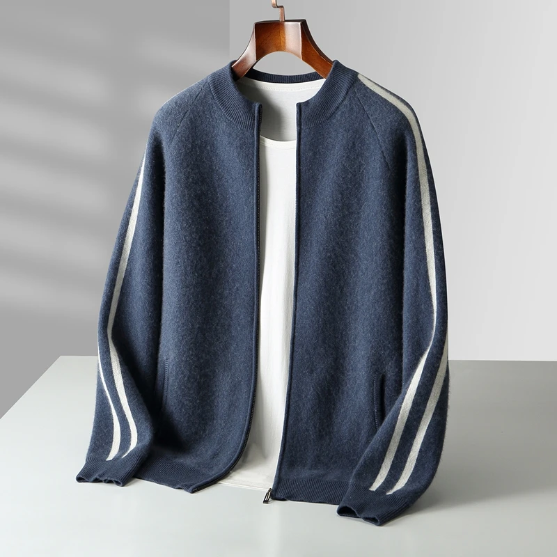 Winter Cashmere Sweater Men's Round Neck Knitted Jacket Contrast Striped Zipper Cardigan Youth Wool Thick Sweater