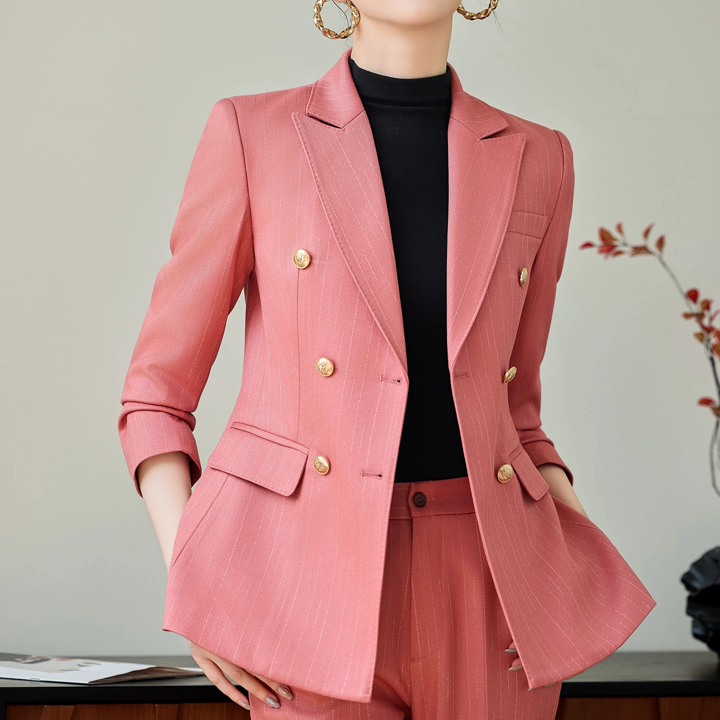 NAVIU مكتب السيدات بدلة طويلة الأكمام مجموعة بسيطة المشارب الراقية مزاجه مزدوجة الصدر ضئيلة السترة والسراويل ملابس العمل