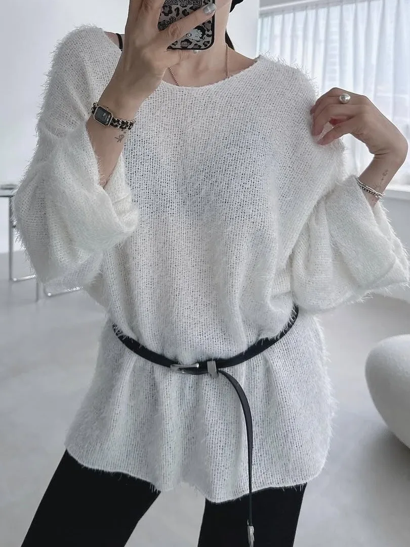 

Autumn New Sle Women's Chic V-Ne Loose Lazy Sle Soft Cozy Overhead Sweater Mink Imitation Fur Top Faionable Loose Fit
