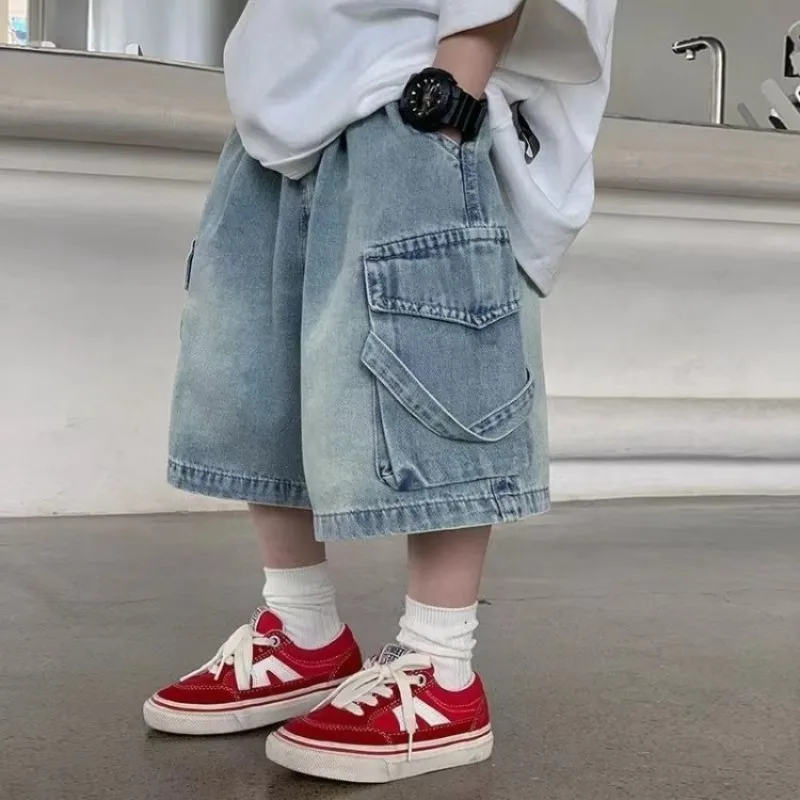 2026 New Boys Summer Trendy Cargo Shorts Slim Fit Breathable Workwear Style School Style Jeans