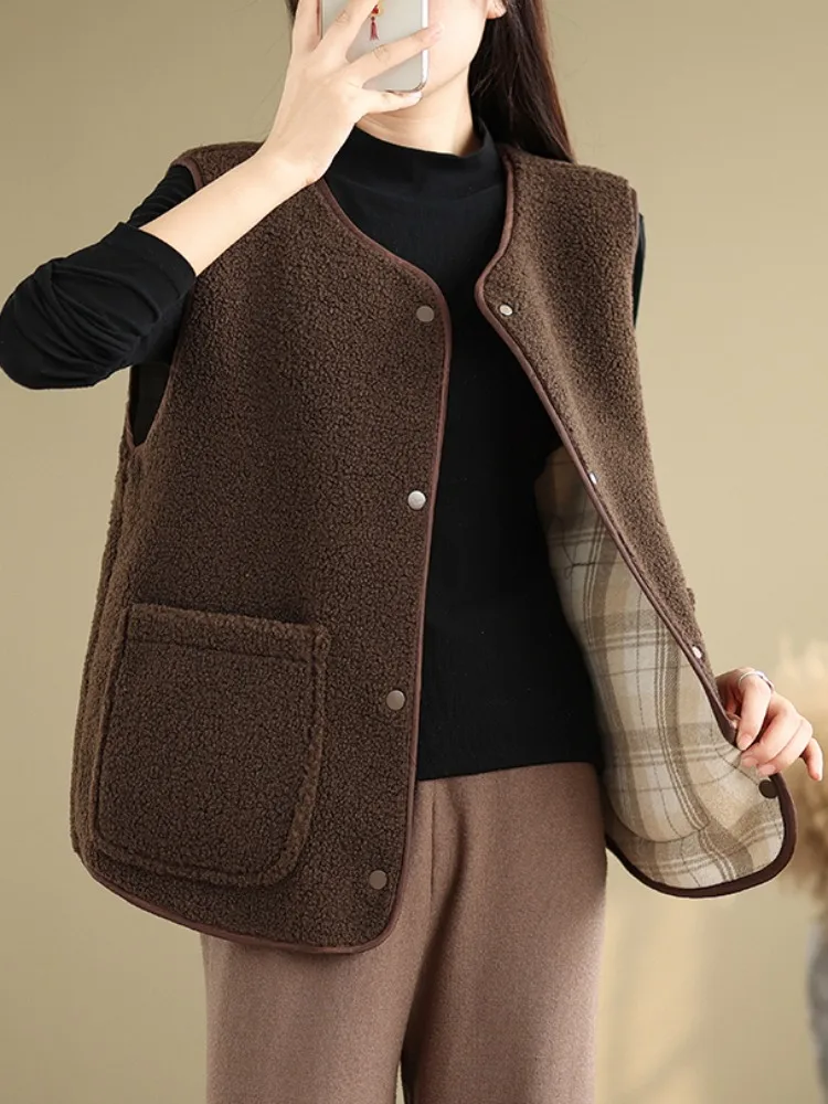 

Двусторонняя одежда, жилет из меха ягненка на подкладке, женский зимний универсальный многослойный жилет с накладками на плечах, теплый жилет, топ