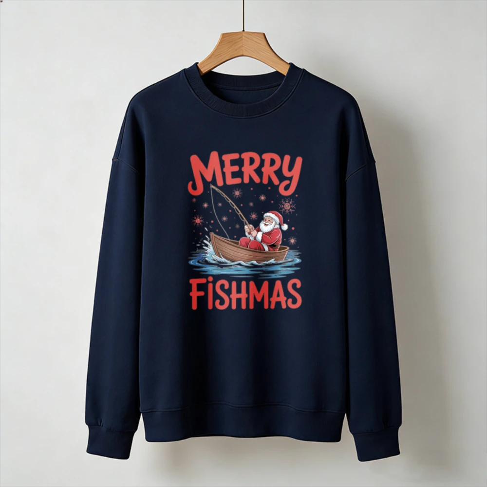 Merry Fishmas Santa Claus Fishing on Boat Graphic Pullover Christmas Fisherman Print Casual Winter Holiday Fishing Lover Gift