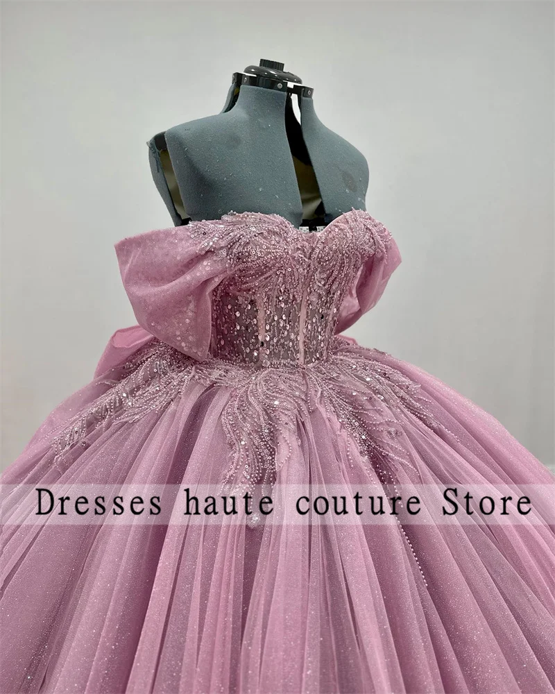 Pink Tulle Quinceanera Dresses Ball Gown 2025 With Bow Lace Applique Beads Sweet 16 Dress Customized Vestido De 15 Anos