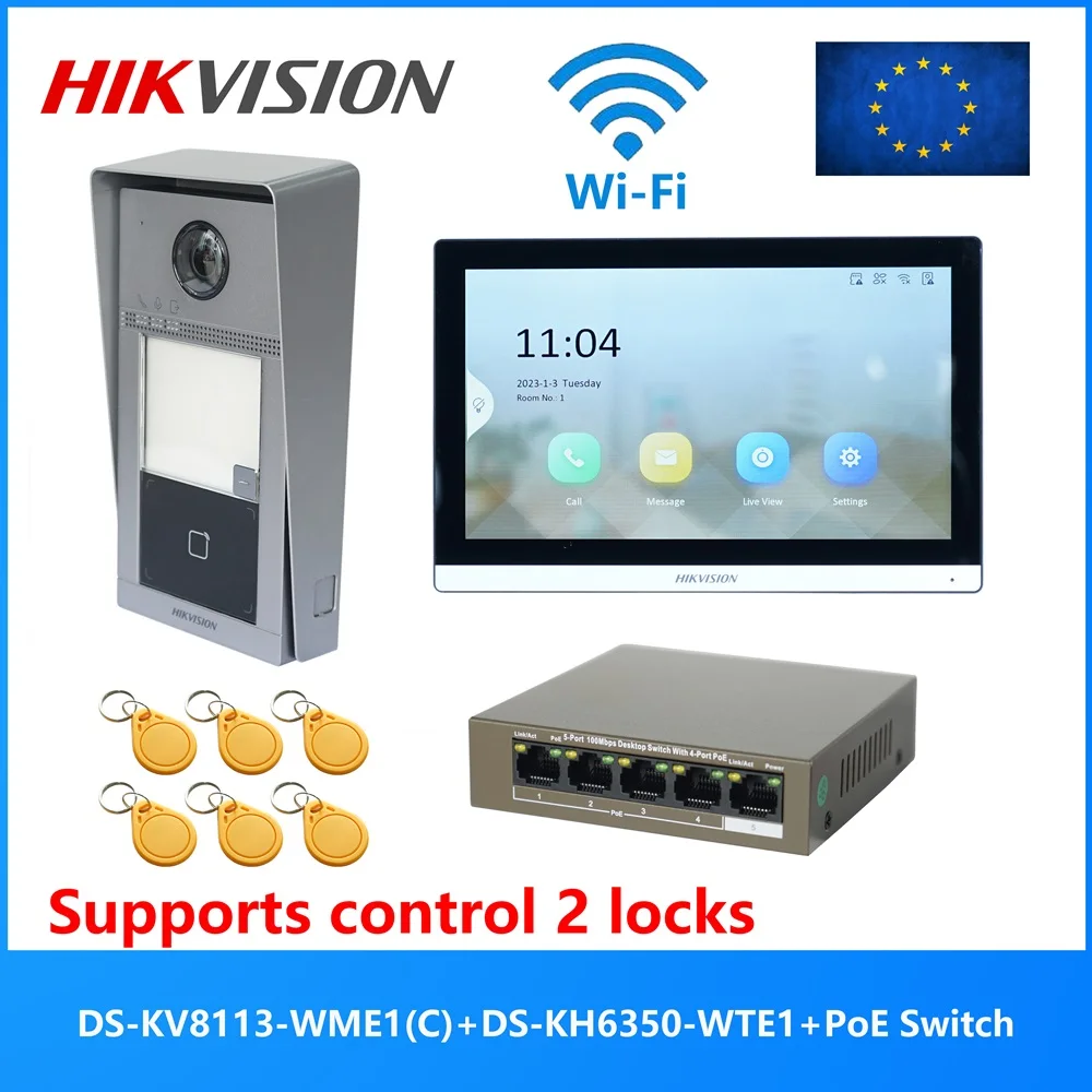 HIKVISION Original Multi-language POE Video intercom KIT,include DS-KV8113-WME1(C) & DS-KH6350-WTE1 & PoE Switch