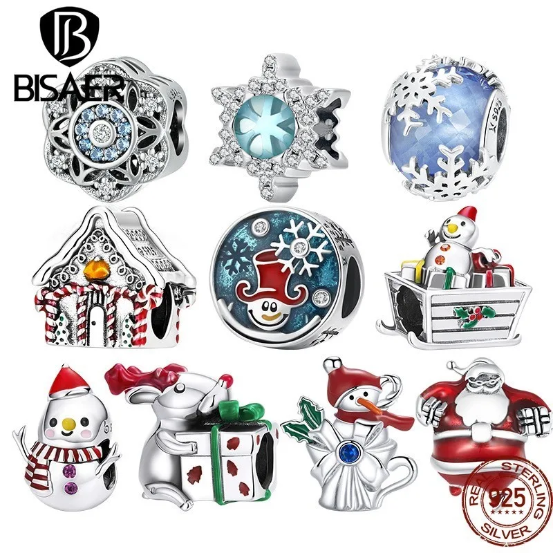 BISAER 925 Sterling Silver Christmas Series Charms Snowflakes Pendant Stocking Santa Little Snowman Beads for Bracelet Jewelry