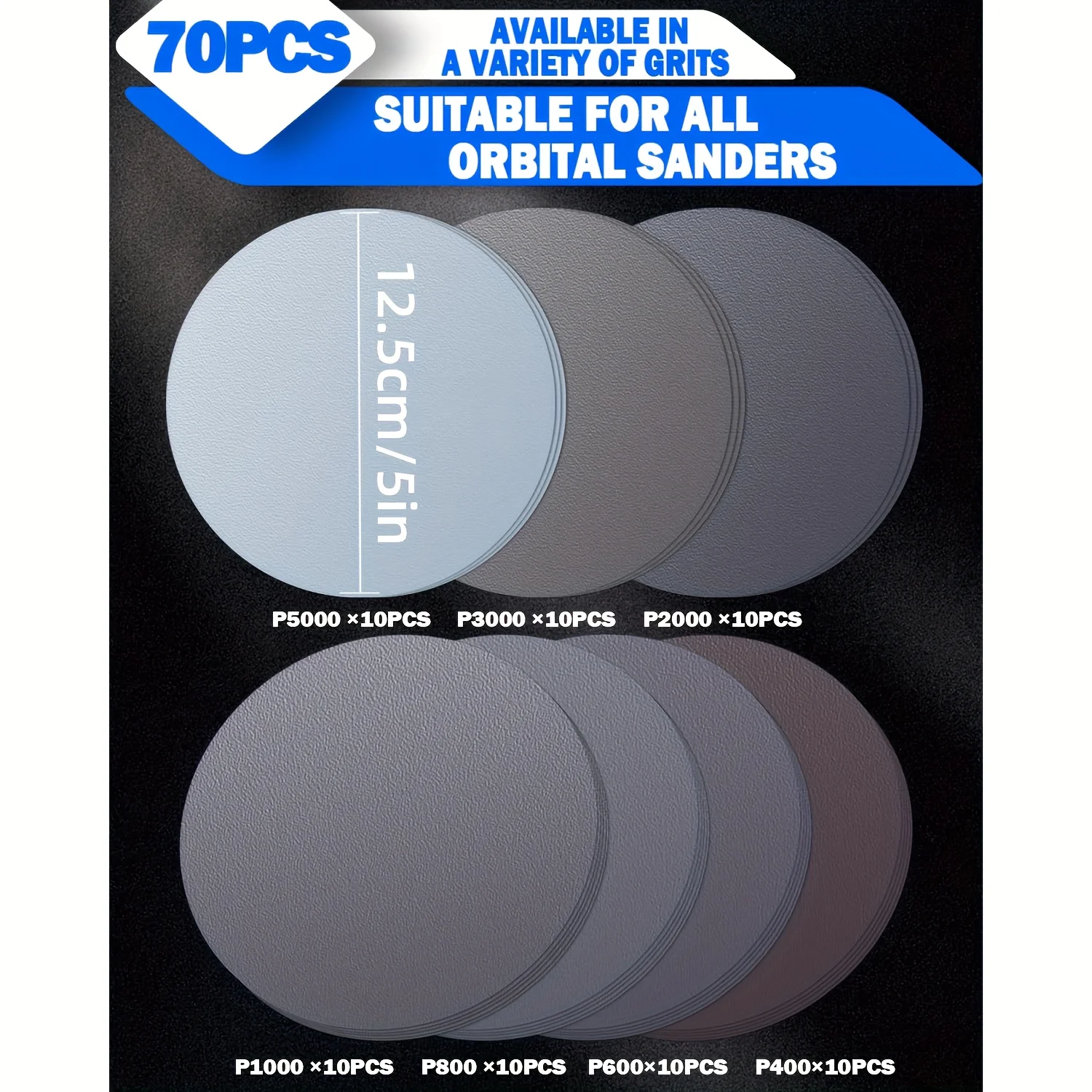 70 pcs 5-inch/125mm wet and dry sandpaper discs with hook and loop, grit sizes 5000, 3000, 2000, 1000, 800, 600, 400 fine