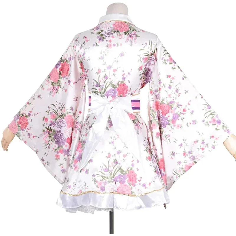 Women's Kimono Costume Adult Japanese Geisha Yukata Sweet Floral Patten Gown Blossom Satin Bathrobe Sleepwear with OBI Belt F