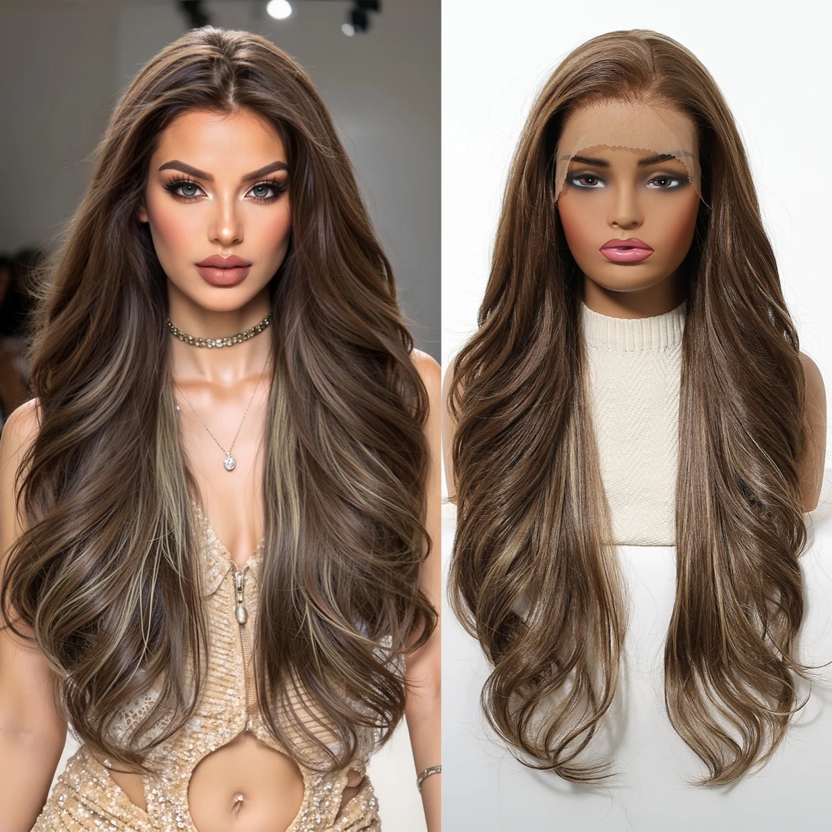 

HAIRCUBE Коричневые блики Предварительно выщипанные кружевные парики 13*6 Кружевные фронтальные синтетические волосы для женщин Ежедневное использование Длинные объемные волны Натуральные парики