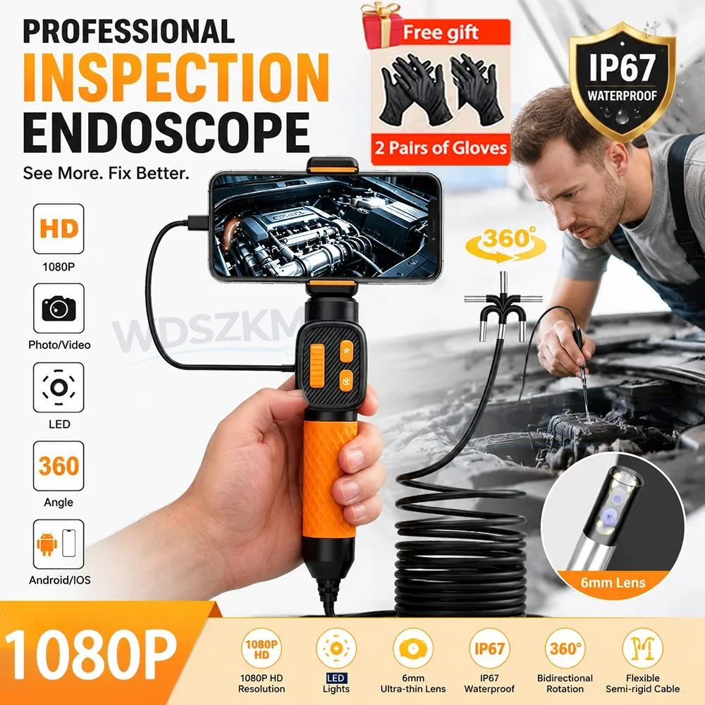 1080P HD 360° Bidirectional Articulating Endoscope IP67 Waterproof Oil Proof Zero Latency Borescope Car Auto Repair Inspection C