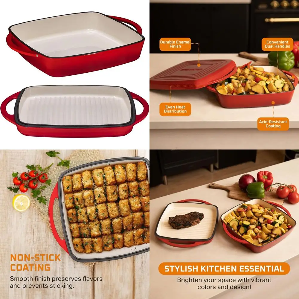 

Cast Iron Dutch Oven with Baking Pan and Gridle Lid, Dual Handles, Skillet Lid, Coating Gridle for Baking, Bacon, Steaks - Red