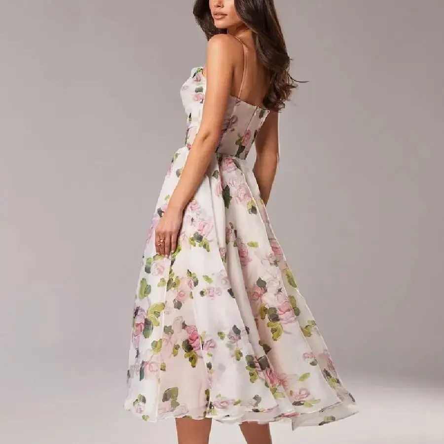플로럴 프린트 민소매 롱 드레스 패션 슬링 보헤미안 백리스 가운 여성 스트랩 러플 드레스 2025 여름 라지 스윙 드레스