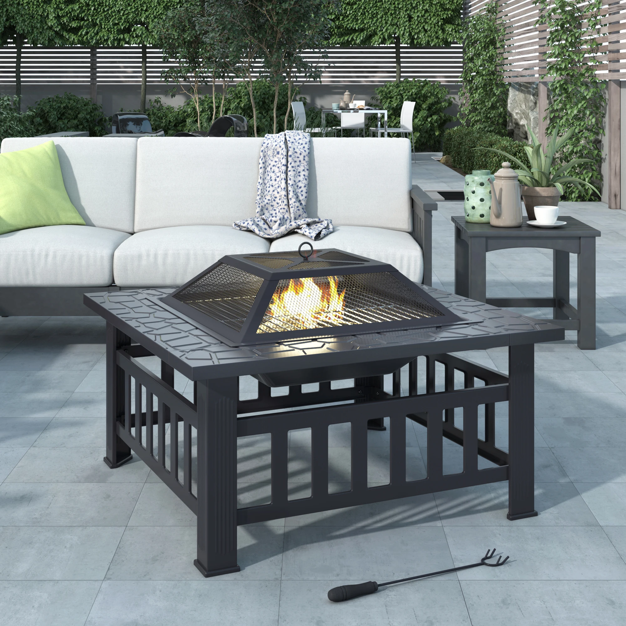 

Outdoor Metal Wood Burning Square Fire Pit Portable Garden Courtyard Fire Bowl with Spark Screen Log Poker&Cover[US-Stock]