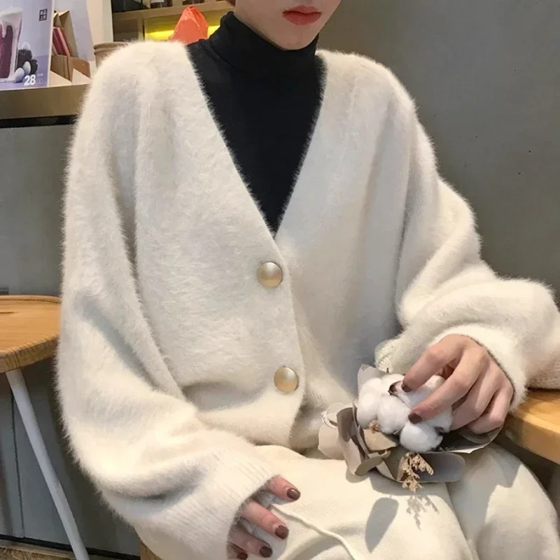 Autumn Winter New Mink Fleece Cardigan Korean Fashion Pink Cardigan 2026 Loose Temperament Elegant Knitted Cardigan Comfortable