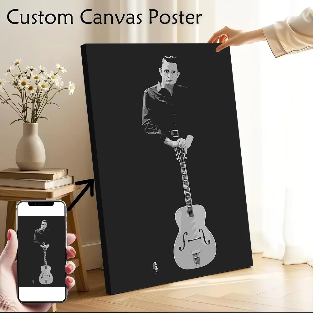 Johnny Cash With Guitar Canvas Wall Arts Poster Customizable Pictures Printing for Room Bathroom Decor Luxury Decorative Picture