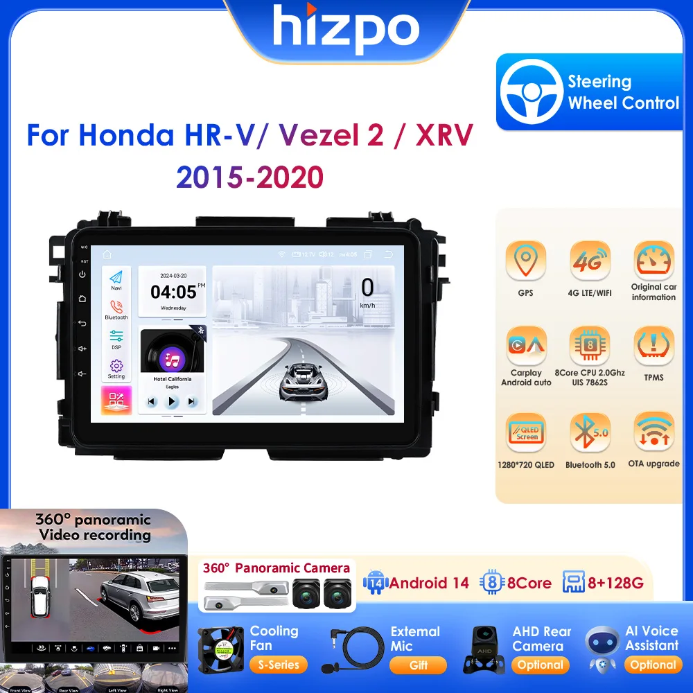 

9 Inch 2 Din 4G LTE Android 14 Radio Car Multimedia Support Wireless Carplay Android Auto for Honda HR-V / Vezel 2/XRV 2014-2019