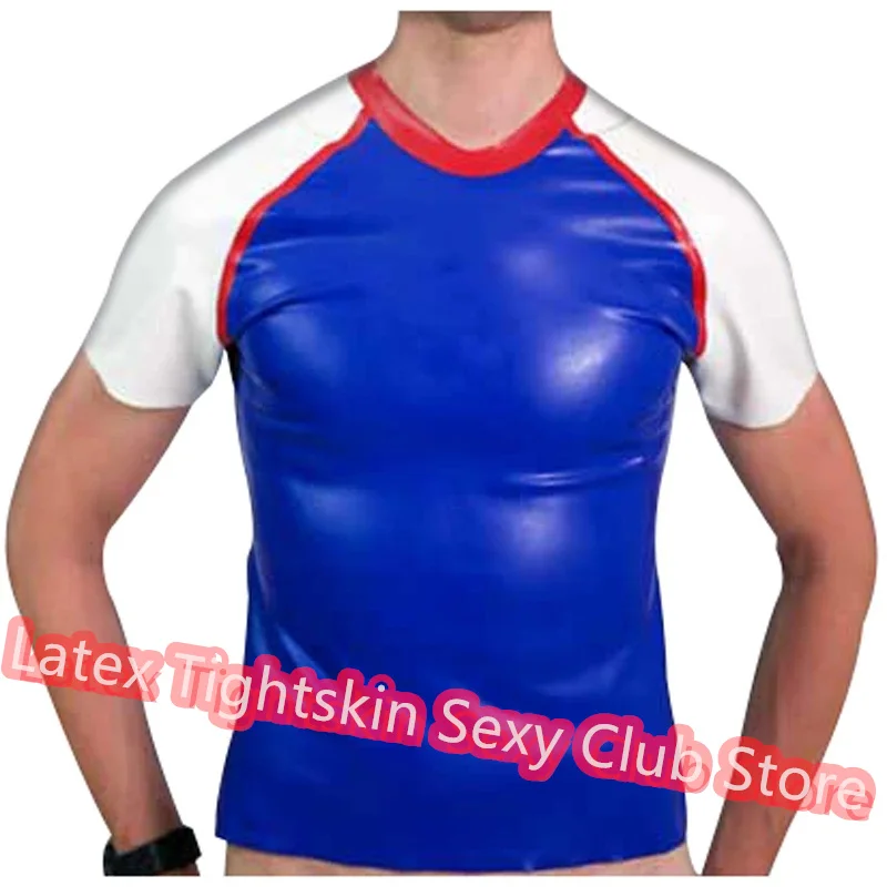 

Handmade Latex Men Sleeveless Shirt Man Sexy Tops Rubber Tank Vest Blue with White Red Trim Cosplay Costume