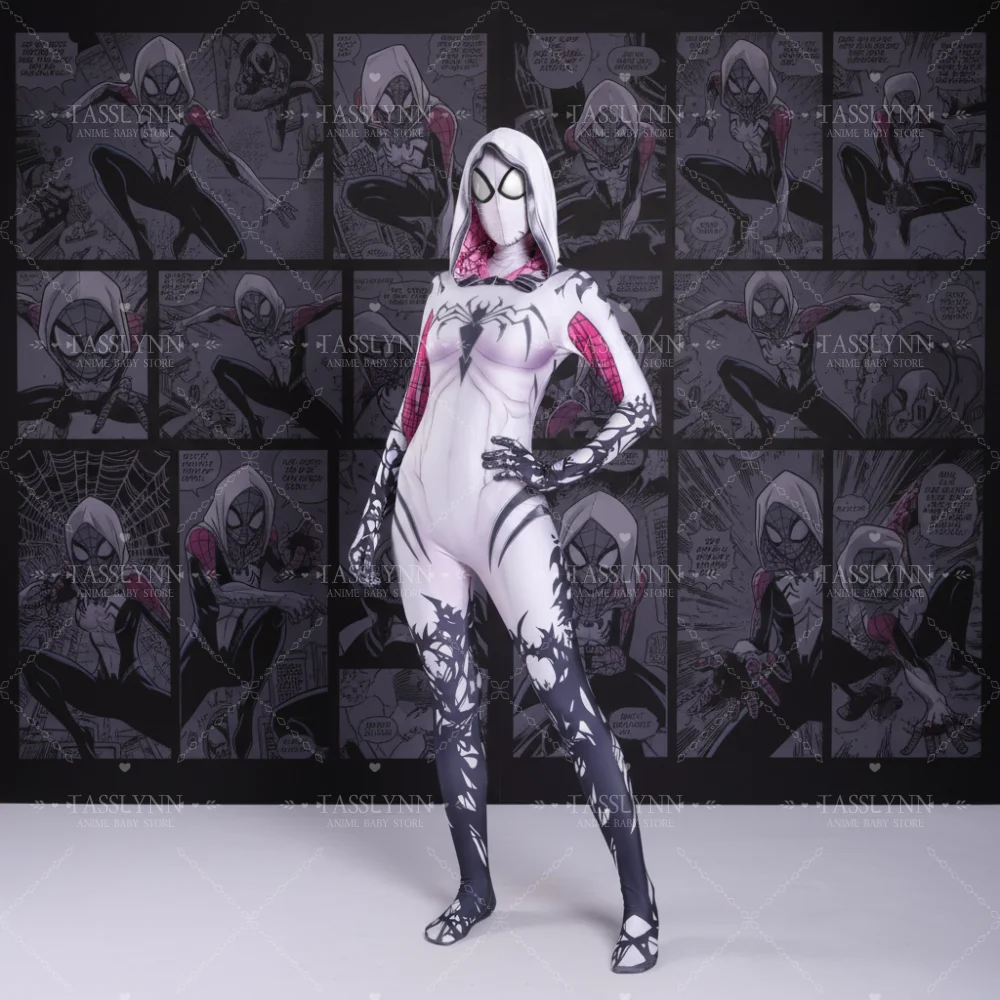 

Spider-Gwen Cosplay Full Zentai Suit Anti-Venom Gwen Stacy Bodysuit with Hooded Mask Women Superhero Costume for Halloween