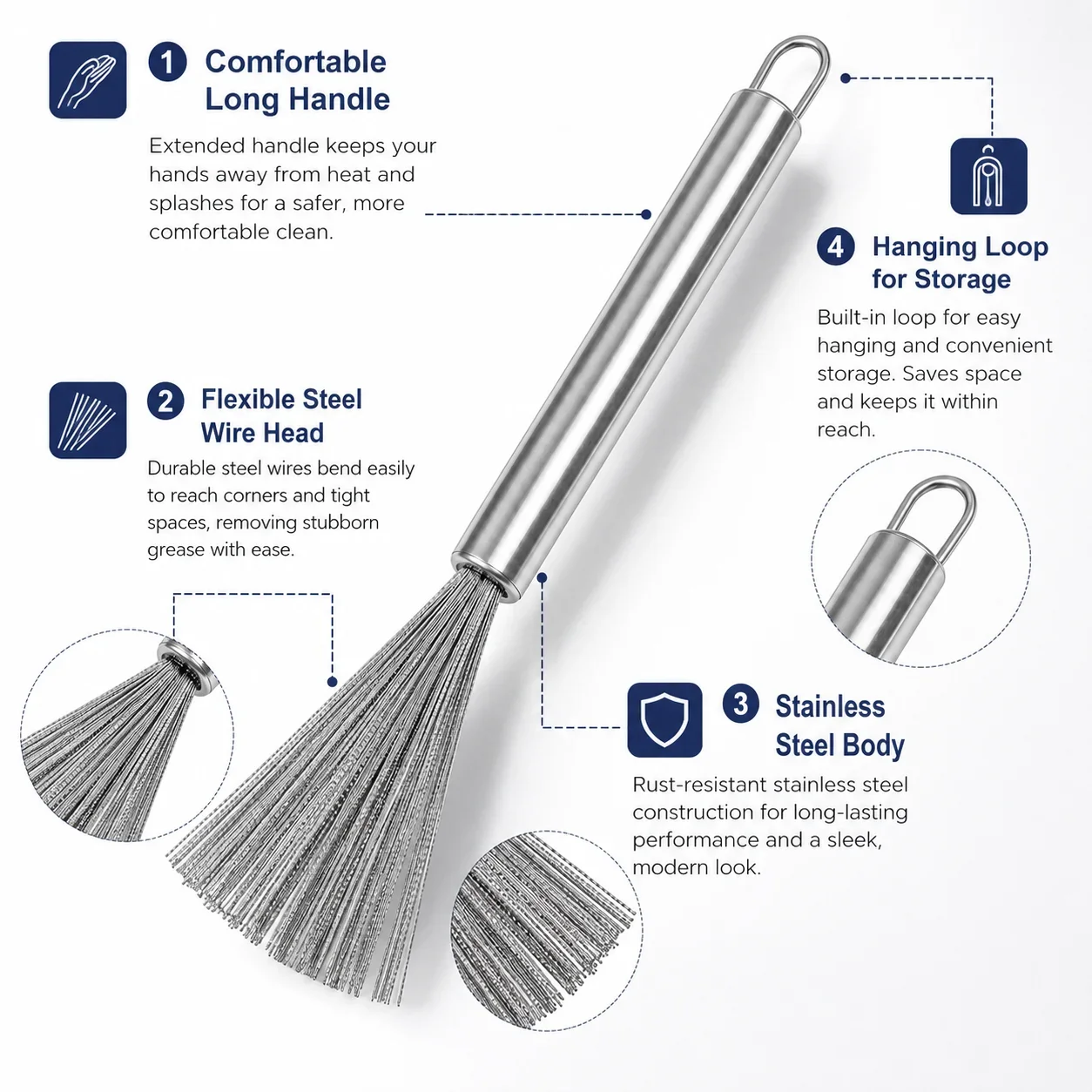 Stainless Steel Kitchen Scrub Brush, Long Handle Wire Pot Scrubber, Non Scratch Hanging Cleaner for All Cookware