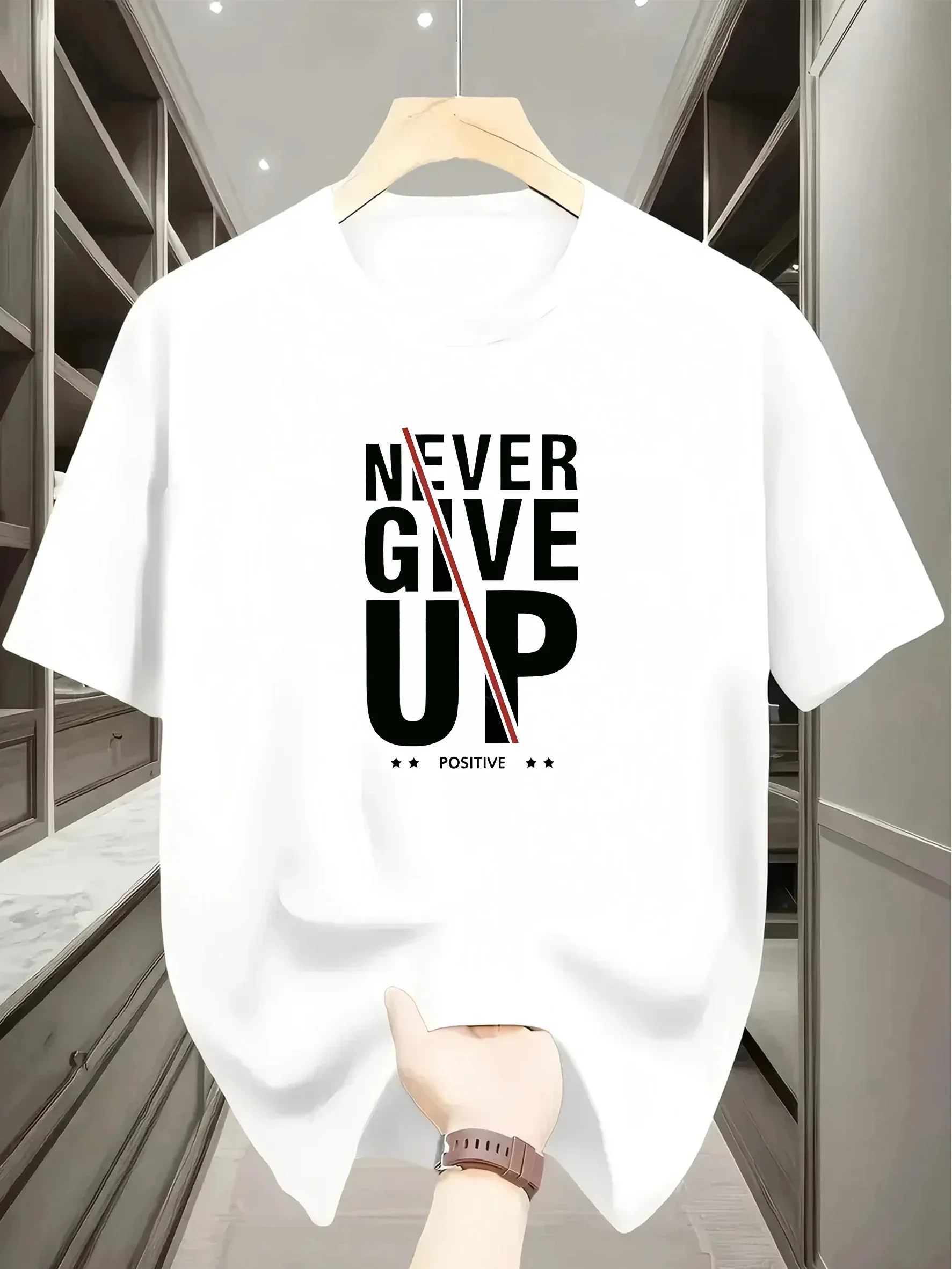 Men's 'Positive' Monogram Print T-Shirt Never Give Up Fashion Letter Graphic Casual Short-Sleeved Comfortable Top Goth T-shirts